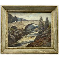 Owen Bowen (Staithes Group 1873-1967): 'A Highland Bridge - Sutherlandshire', oil on board signed, original title label verso 40cm x 50cm
