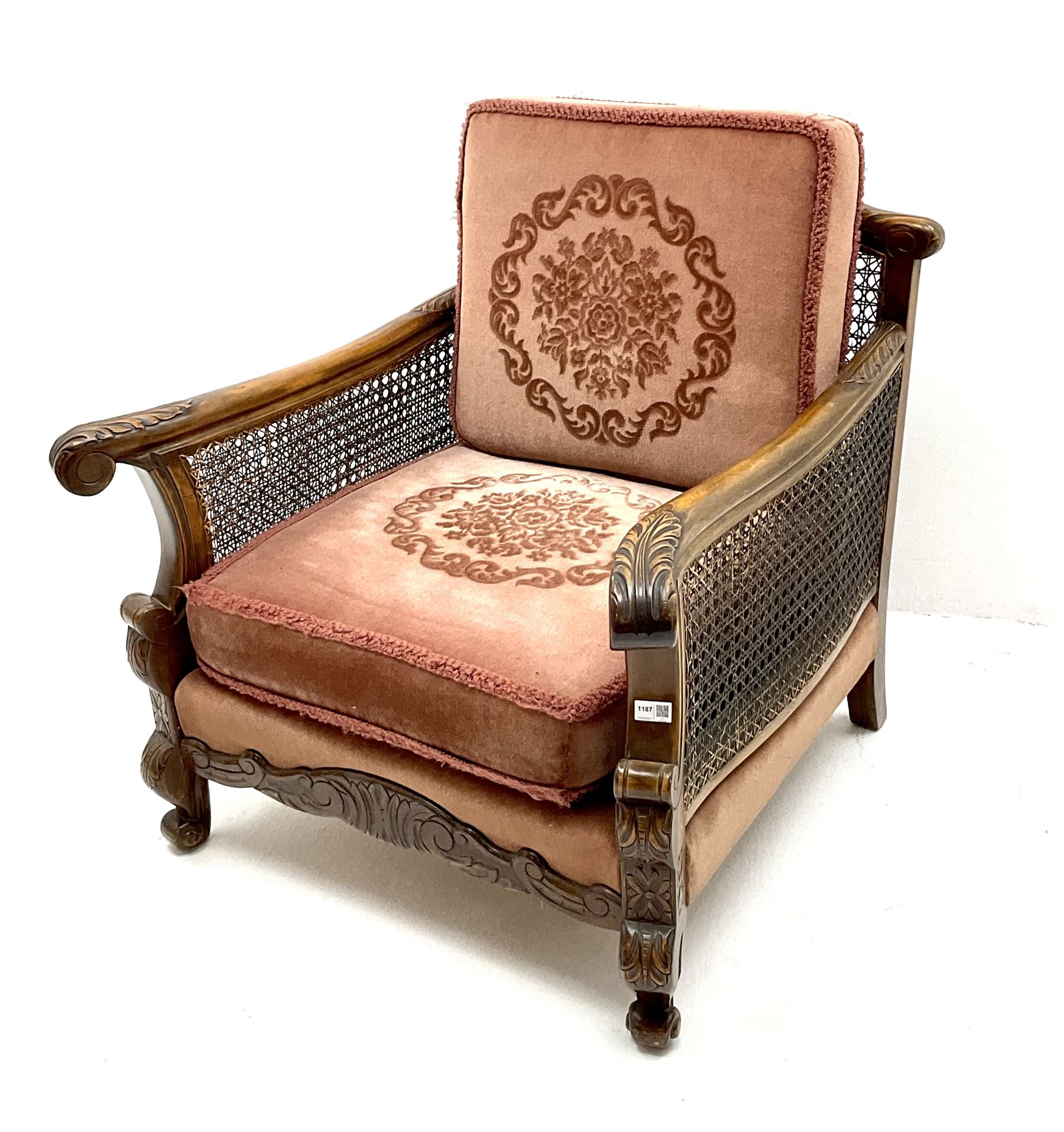 Early 20th century bergere armchair, double cane work sides, acanthus carved scrolling arms and supports 