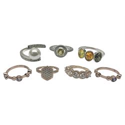 Seven silver and silver-gilt stone set rings
