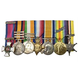 South Africa/WW1 Distinguished Service Order group of seven medals comprising D.S,O. with original ribbon bar and top bar slider, Queens South Africa Medal with three clasps for Defence of Kimberley, Orange Free State and Transvaal, Kings South Africa Medal with two clasps for South Africa 1901 & 1902 awarded to Capt. C.J. O'Gorman D.S.O. R.A.M.C., 1914-15 Star, British War Medal and Victory Medal with MID oak leaves awarded to Major (later Lt. Col.) C.J. O'Gorman D.S.O. R.A.M.C. and Kimberley Star 1899-1900; together with copies of research and biographical material