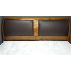  Quality reproduction walnut 6' SuperKing bedstead with padded leather headboard on turned feet, with 'SimplyBeds' mattress, W190cm, H117cm, D233cm  