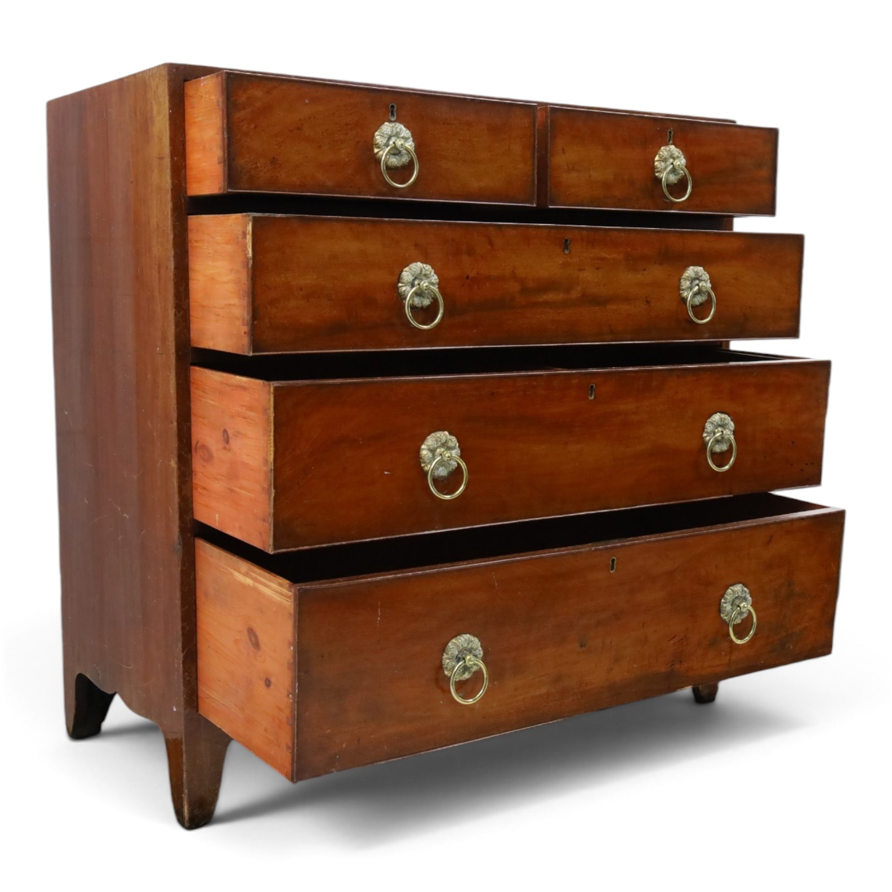 George III mahogany straight-front chest, two short over three long graduating drawers, cockbeaded edges with brass rose handles, raised on shaped supports