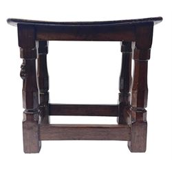 'Mouseman' 1930/40s adzed oak joint stool, dished figured burr seat, on shaped octagonal supports joined by stretchers, carved with mouse signature, by Robert Thompson of Kilburn 