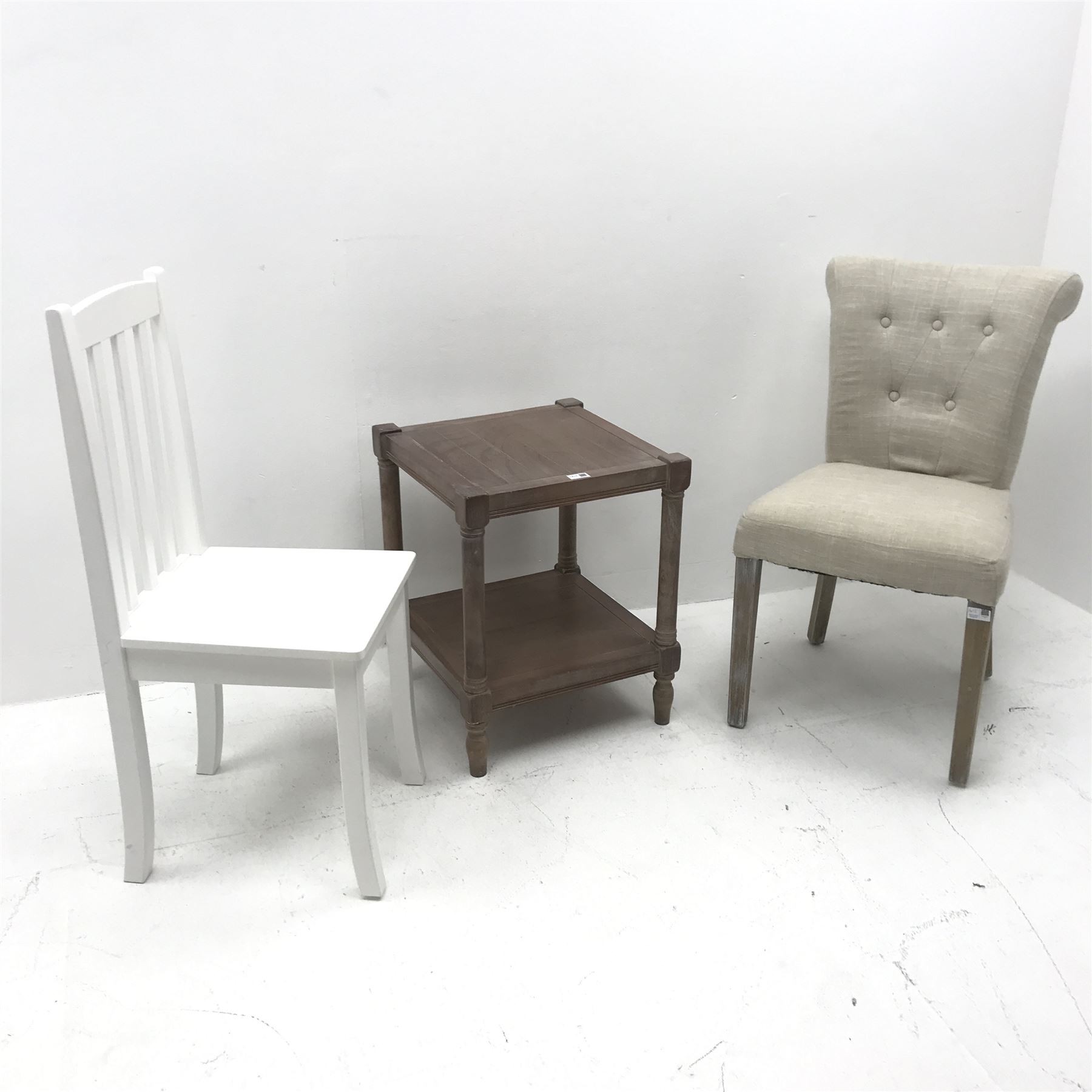 Limed oak occasional table, baluster supports joined by solid undertier (W45cm, H56cm, D45cm) a dining chair with scrolling cresting rail upholstered in buttoned fabric, square tapering supports (W48cm) and another chair (3)