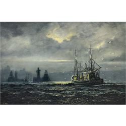 Jack Rigg (British 1927-): Fishing Boat Returning to Whitby Harbour by Moonlight, oil on canvas signed, dated 1972 verso 50cm x 75cm
