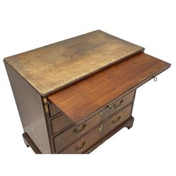 George III mahogany chest, banded caddy top with moulded edge, brushing slide over four graduating cock-beaded drawers, ornate cast gilt metal handle plates and escutcheons, swan neck handles cast with dolphins, shells and C-scrolls, lower moulding over bracket feet