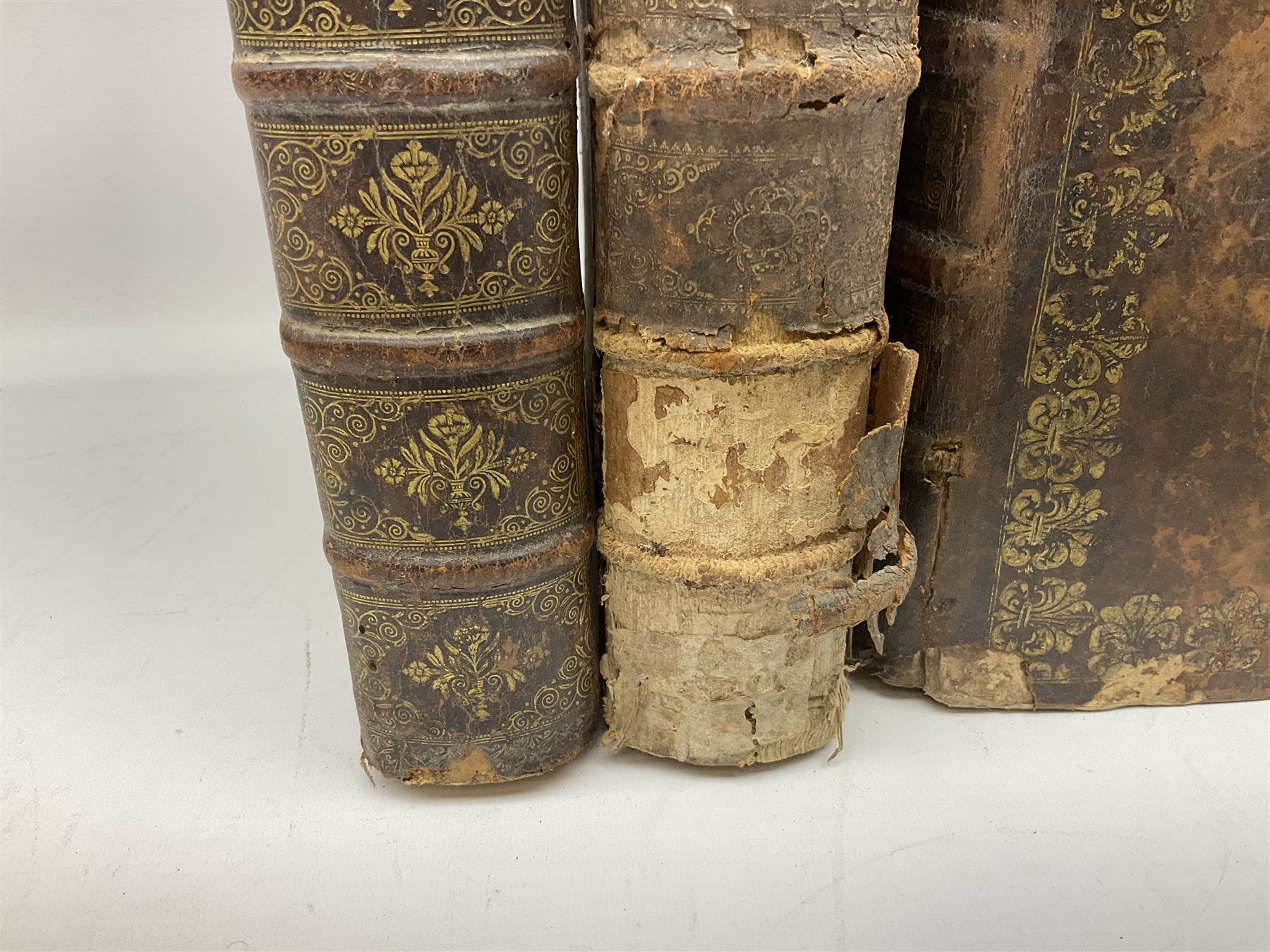 Three 17th century Lugduni (Lyon) printed books each with engraved title page in red and black comprising R.P. Corn Cornelii A Lapide .... Tomus Primus. 1690; R.P. Cornelii Cornelii A Lapide .... 1683; and Hortus Pastorum Sacrae Doctrinae Floribus Polymitus .... 1668. All folio with full calf bindings (3)
