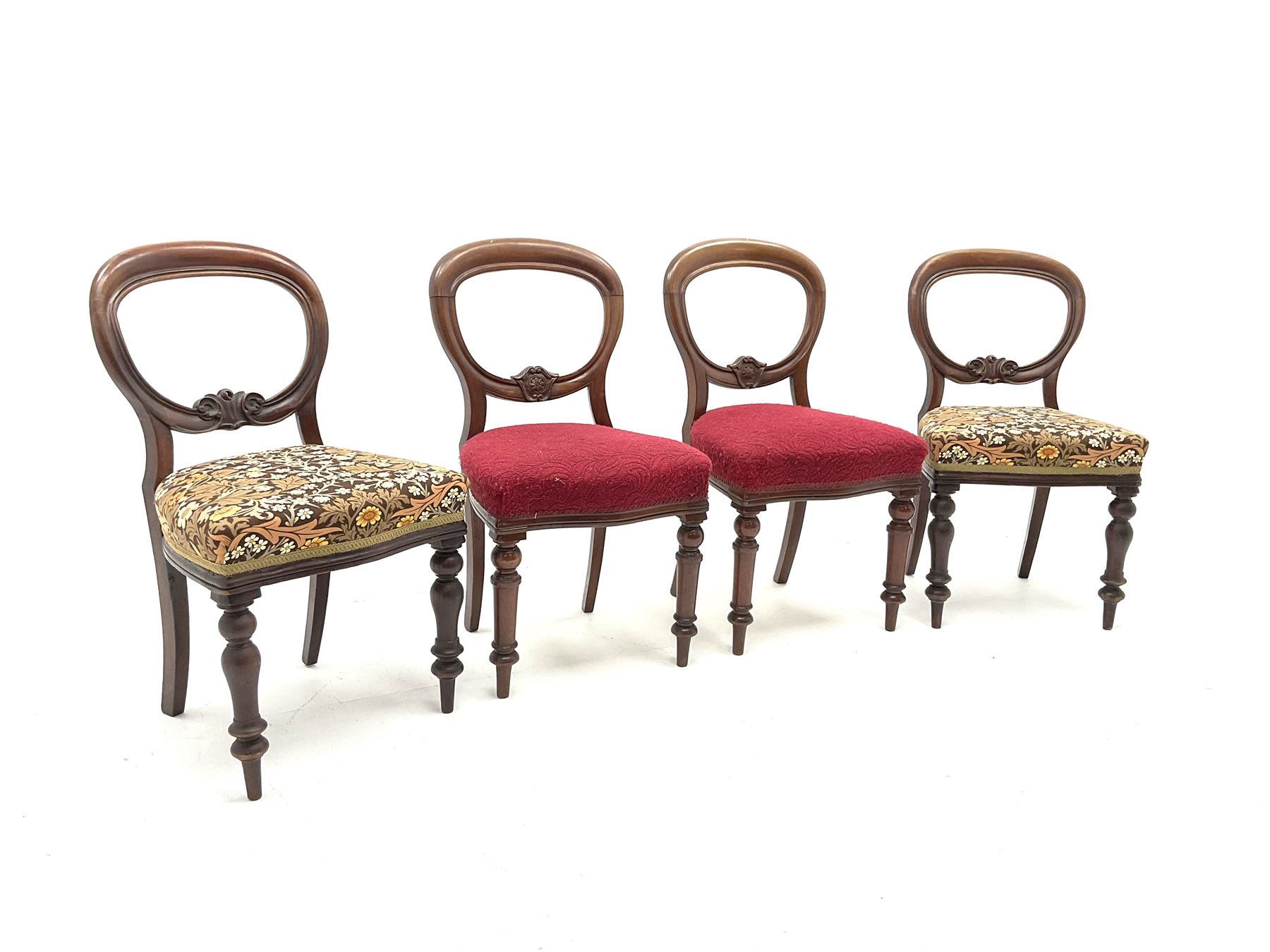 Four Victorian mahogany ballon back dining chair, upholstered seat, turned supports