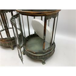 Pair of glass pane lanterns, with pierced metal decoration and a glass domed top, H60cm