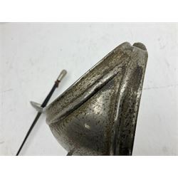 Reproduction Japanese katana with 63cm slightly curving fullered steel blade, ornate tsuba, cord bound grip and gilt transferred black saya L92cm; and two fencing foils, one marked Leon Paul (3)