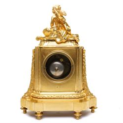 Charpentier & Cie-French 8-day mantle clock c 1860, in an ormolu case with Sevres style plaques, fluted pedestal case decorated with acanthus leaves and floral swags, surmounted by a putto and raised on toupie feet, convex enamel dial with Roman numerals, minute track and five-minute Arabic's, with makers name and Louis XVI style gilt hands, Parisian twin train movement with rack striking, sounding the hours and half-hours on a bell. With pendulum and key.
Charpentier & Cie, operated in Paris from around 1830 to 1860. They are especially well-known for their clock and garniture sets, as well as for their works of bronze. With pendulum and key.

