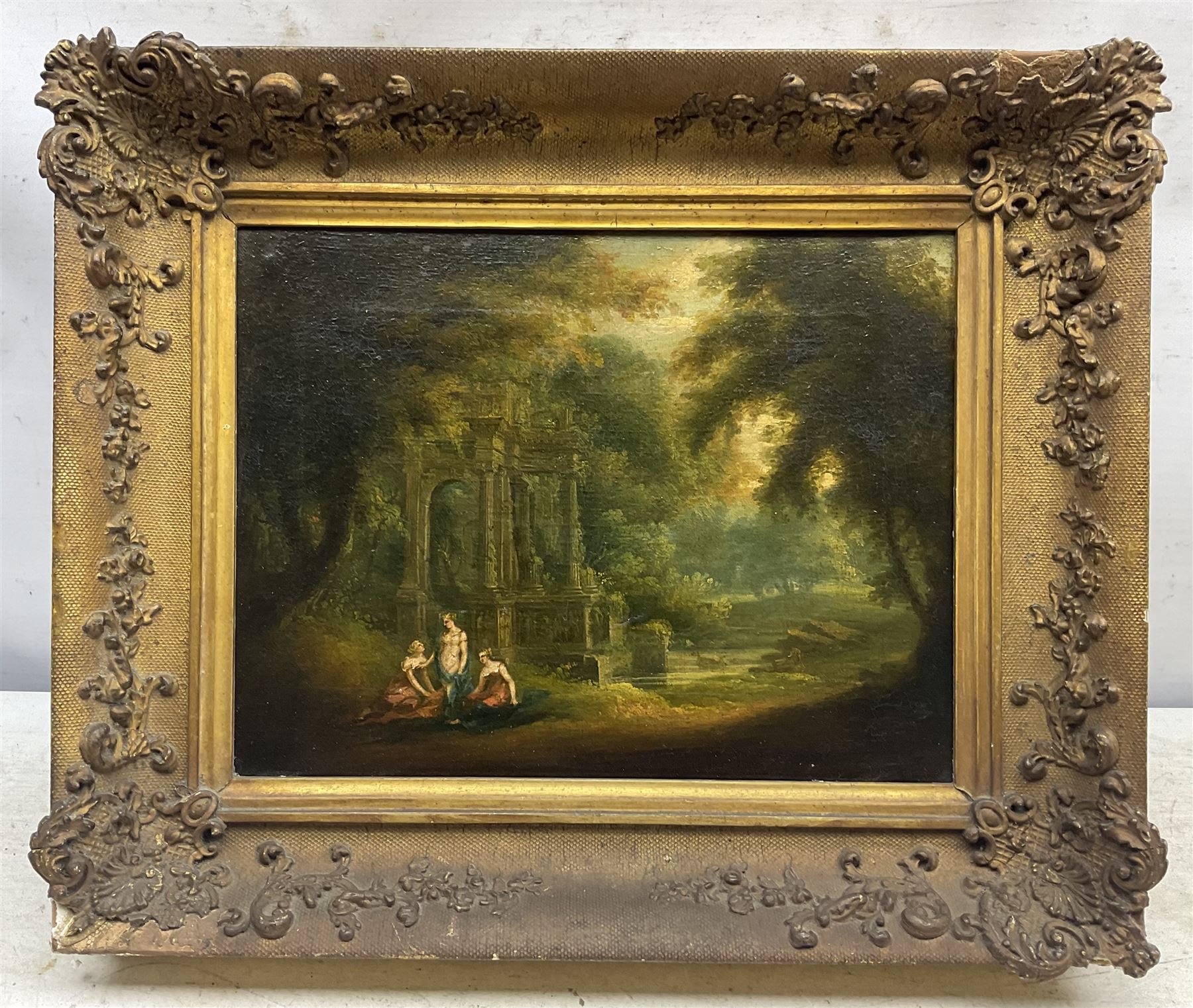 Manner of John Wootton (British 1686-1764): 'The Graces' in an Italianate Landscape, oil on canvas unsigned, titled verso 24cm x 31cm 