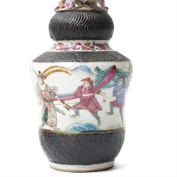 Pair of Chinese Nanking famille rose vases, painted with warriors parading, the neck moulded with cherry blossom in high relief, H24cm (2)
