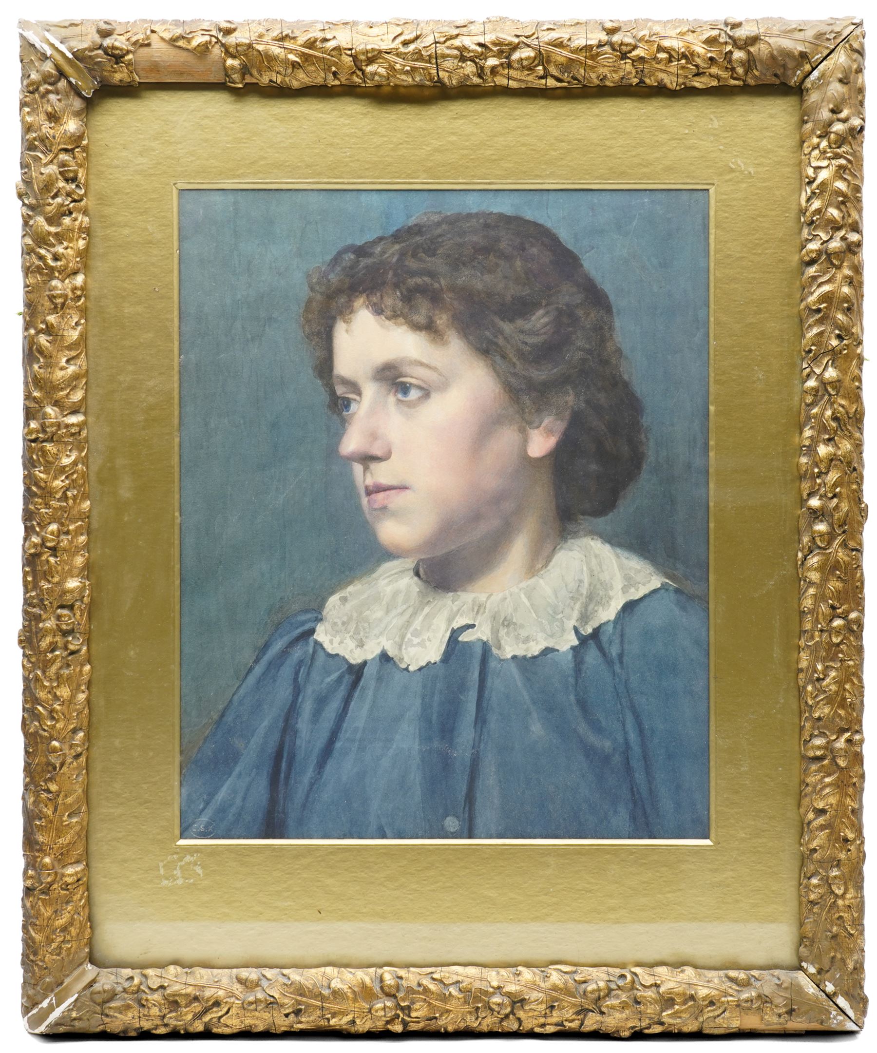 English School (Late 19th century): Portrait of a Boy Wearing a Tunic and Lace Collar, watercolour unsined, stamped ESK 40cm  x 33cm
