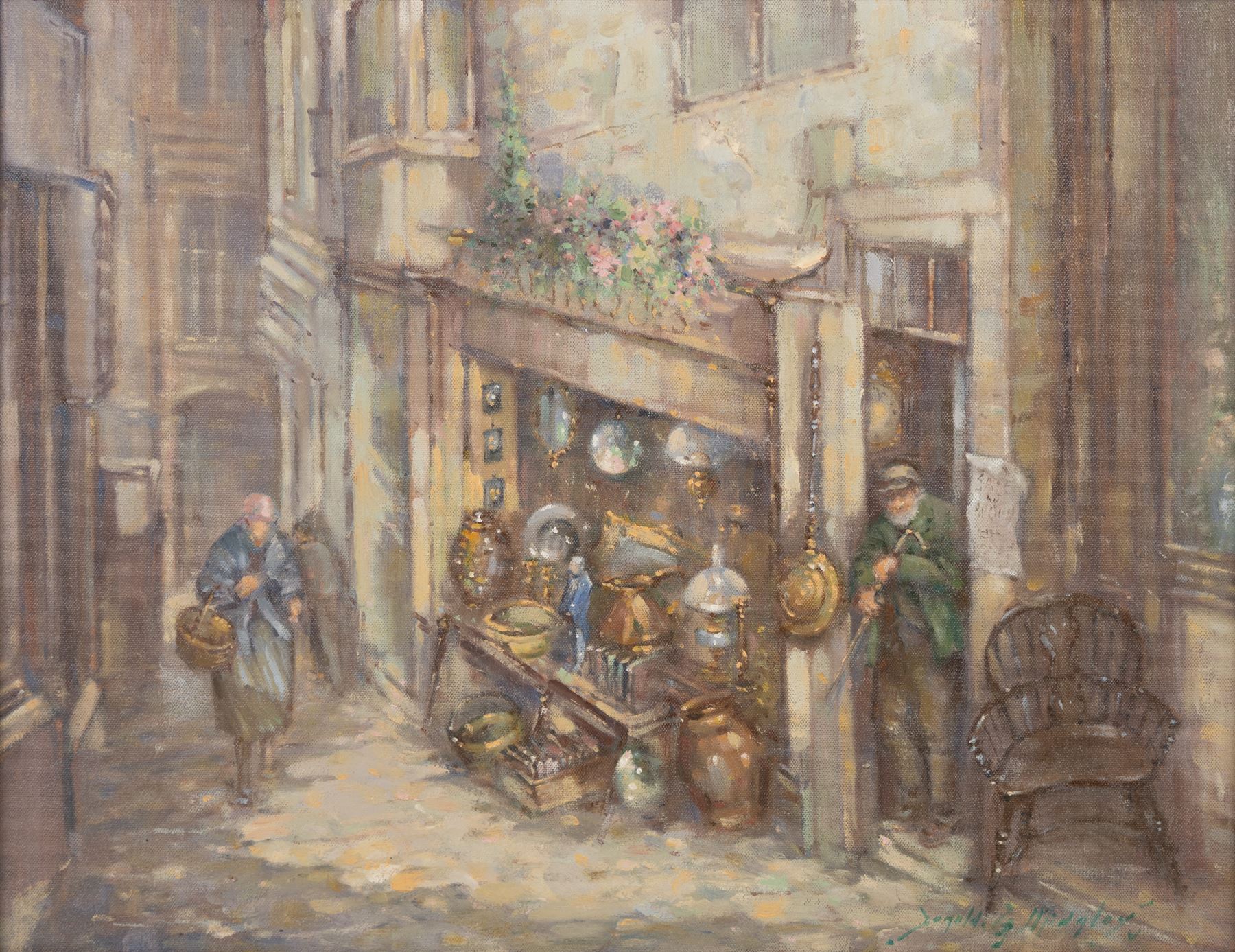 Donald Gray Midgely (British 1918-1995): An Antiques Shop in Whitby, oil on canvas board signed 32cm x 41cm