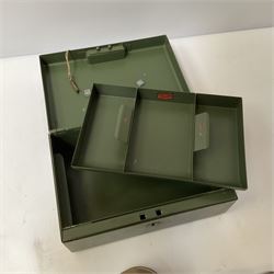 Metal cash box with key and removable tray,  together with recording clack, PAT No.544119, box L25.5cm, D18cm
