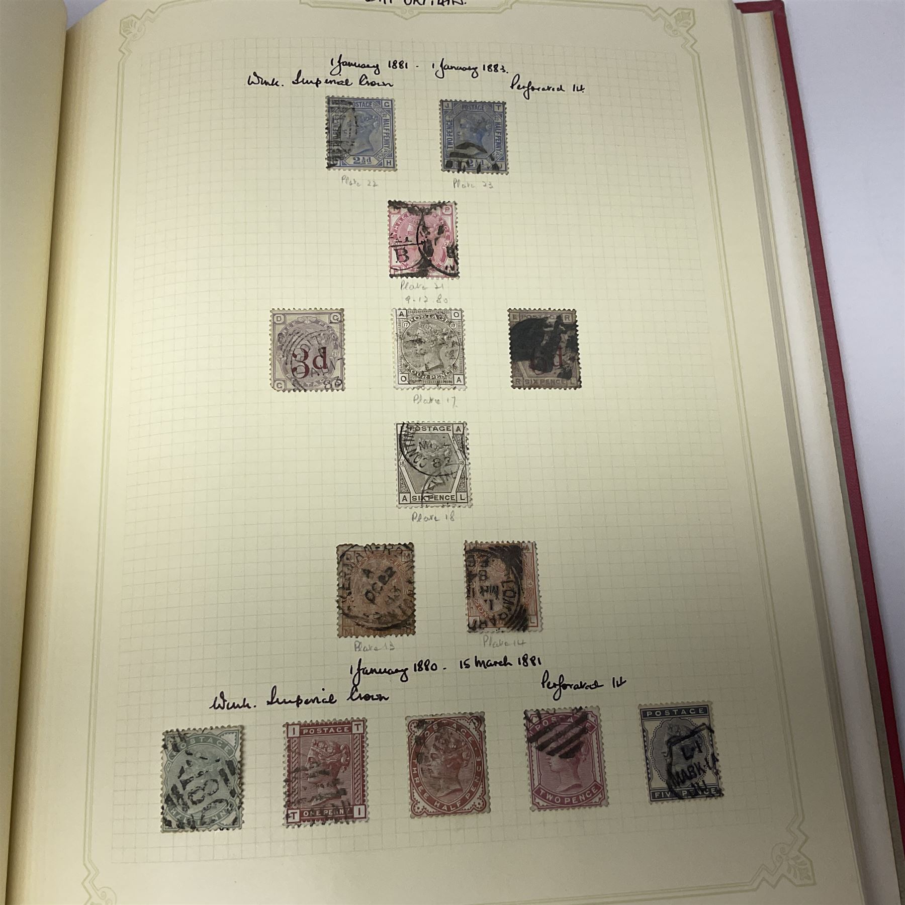 Mostly Great British Queen Victoria and later stamps, including penny black with red MX cancel, 1840 two pence blue with red MX cancel, imperf penny red with black MX cancel, perf penny reds, various Queen Victoria surface printed issues, King Edward VII two shillings sixpence and five shillings, King George V seahorses with values to ten shillings, King George VI with ten shilling dark blue used, Queen Elizabeth II pre and post decimal etc, housed in 'The Simplex Blank Album'