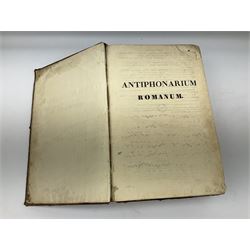 Six 19th century leather bound books of music comprising Graduale Juxta Missale Romanum and Antiphonarium Romanum. Both 1828 Divione; Graduel Romain and Psautier Romain. Both 1859 Digne/Paris; Graduel Romain. 1872 Marseille; and Missale Romanum. 1853 Mechliniae (6)
