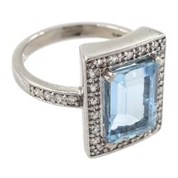White gold baguette cut aquamarine and round brilliant cut diamond ring, with diamond set shoulders, stamped 9ct, aquamarine approx 2.30 carat