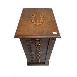20th century walnut and mahogany Wellington chest, the moulded rectangular top with inlay over fifteen drawers, hinged and lockable upright, on plinth base