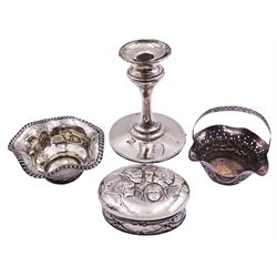 Edwardian silver mounted candlestick, with slender stem and wide circular foot, hallmarked Horton & Allday, Birmingham 1908, H12.5cm, together with an Edwardian silver box of oval form, the hinged cover embossed with putti, hallmarked James Deakin & Sons, Chester 1901, an early/mid 20th century silver dish with shaped sides and oblique gadrooned rim, hallmarked Birmingham, makers mark and date letter worn and indistinct, and an Eastern silver handled dish, the body decorated with a band of animals interspersed with flowers and trees, beneath a pierced band of fish, approximate weighable silver 5.47 ozt (170.4 grams)