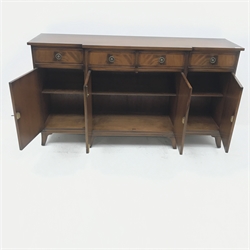 Georgian style inlaid mahogany breakfront sideboard, four drawers above four cupboard doors, shaped bracket supports, W168cm, H92cm, D48cm