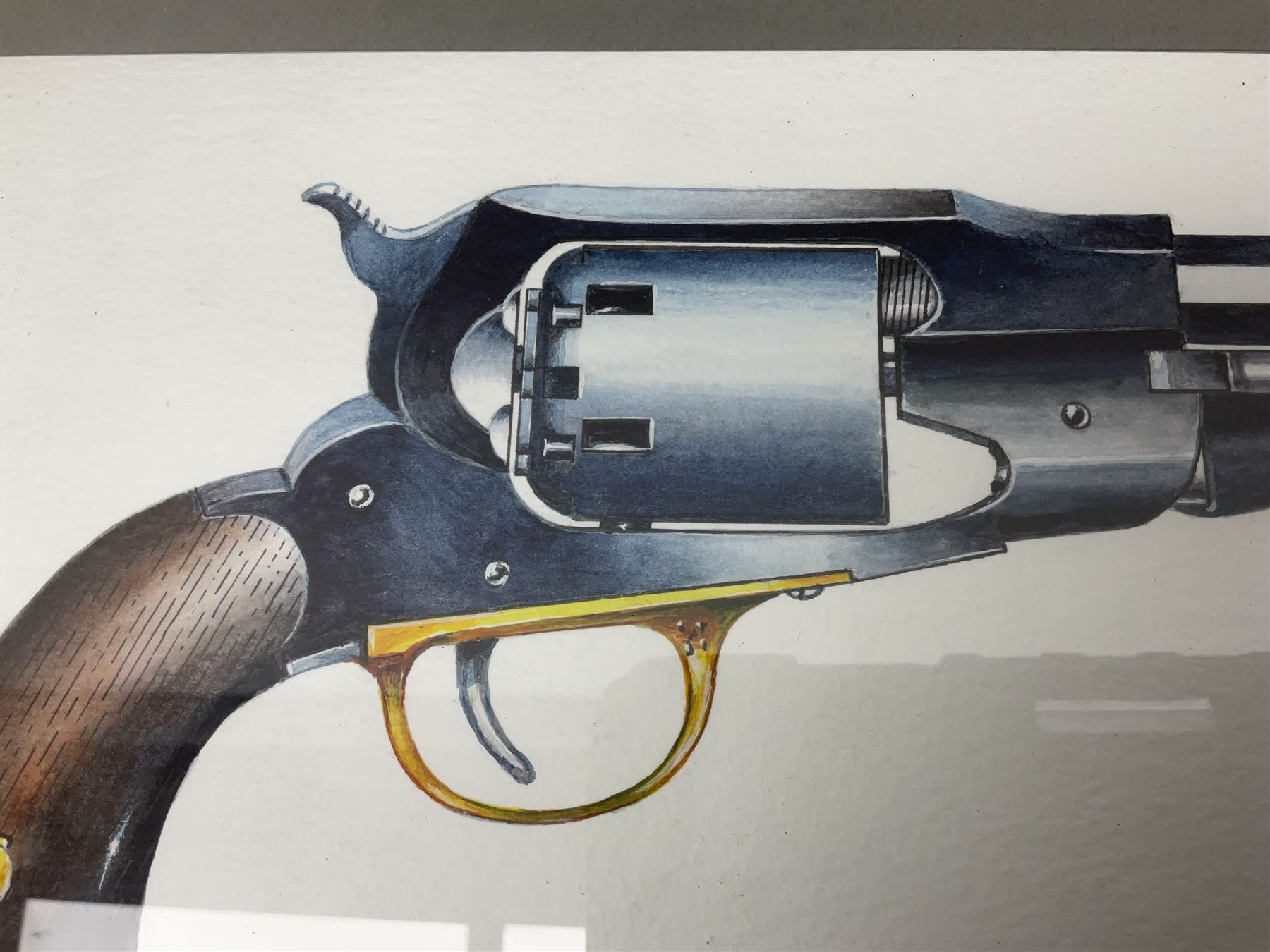 Unmarked Spencer & Rogers type Remington style .44 cal. six-shot percussion revolver, 20cm octagonal barrel with loading lever under, brass trigger guard and two-piece wooden grip L37cm overall; together with a framed watercolour by Alan J. Gray dated 2009 entitled 'The Remington .44 Calibre 1861 Navy Revolver'  19 x 42cm (2)