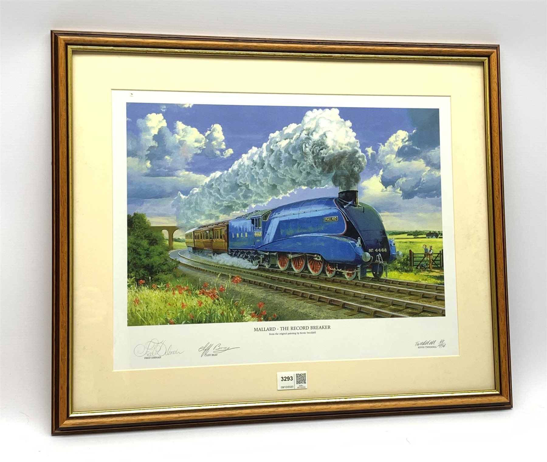 After Kevin Tweddell, limited edition print entitled 'Mallard - The Record Breaker' No.67/1950, signed on the mount by the artist, Fred Dibnah and Cliff Bray, 34 x 44cm, mahogany stained frame, in original delivery box