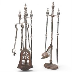 Two 19th century fireside companion sets, one four piece and one three piece, the stand an...