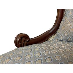 Victorian walnut framed open armchair, scrolled arm terminals over spiral turned arm supports, upholstered in foliate patterned fabric with sprung seat, on turned supports and brass castors (W65cm H92cm); and Victorian mahogany nursing chair with lobe carved supports (W60cm H92cm)