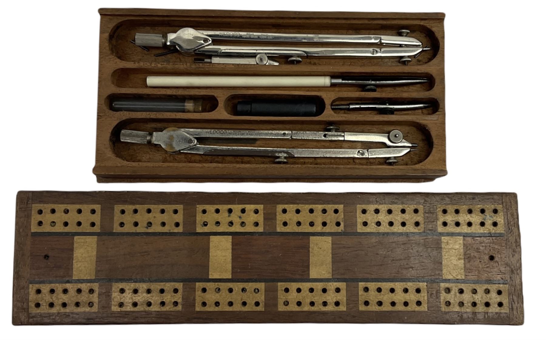 1960s Ideal Newborn Thumbelina doll with pull-cord animated mechanism H25cm; Vanguards die-cast Commer Dropside truck 'Carlsberg', boxed; cased set of Wedoco drawing instruments; and wooden cribbage scoreboard (4)