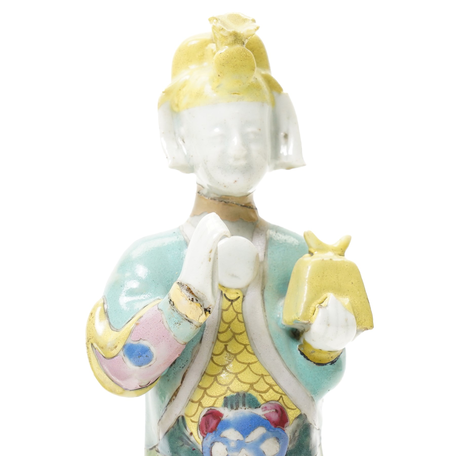 Chinese Kangxi period sancai glazed joss-stick holder, modelled as a dog of Foo, H21cm; and another figure, H18cm (2)
