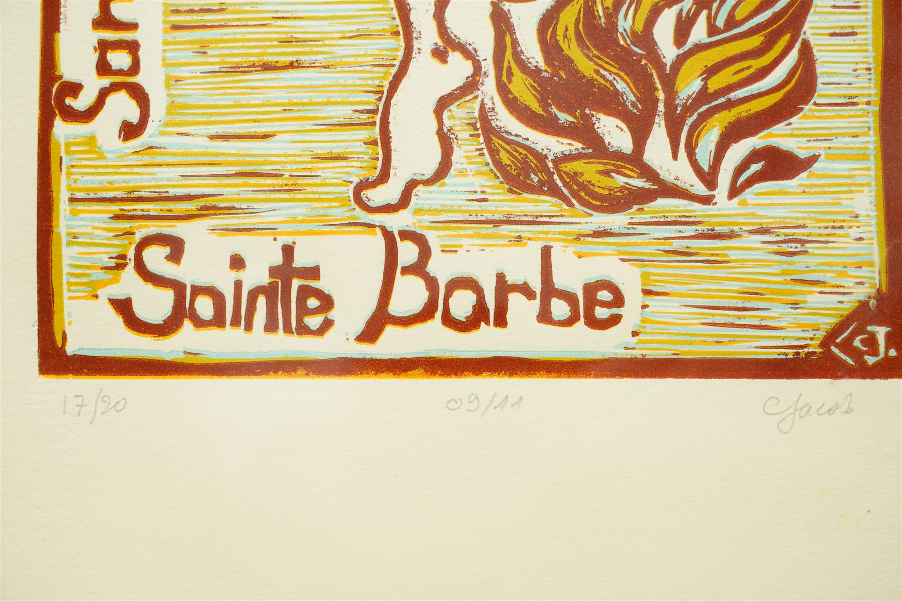 Manner of Jean Chièze (French 1898-1975): 'Santez Barbon' or Saint Barbara, limited edition woodblock print indistinctly signed and numbered 17/20 in pencil, 42cm x 21cm 