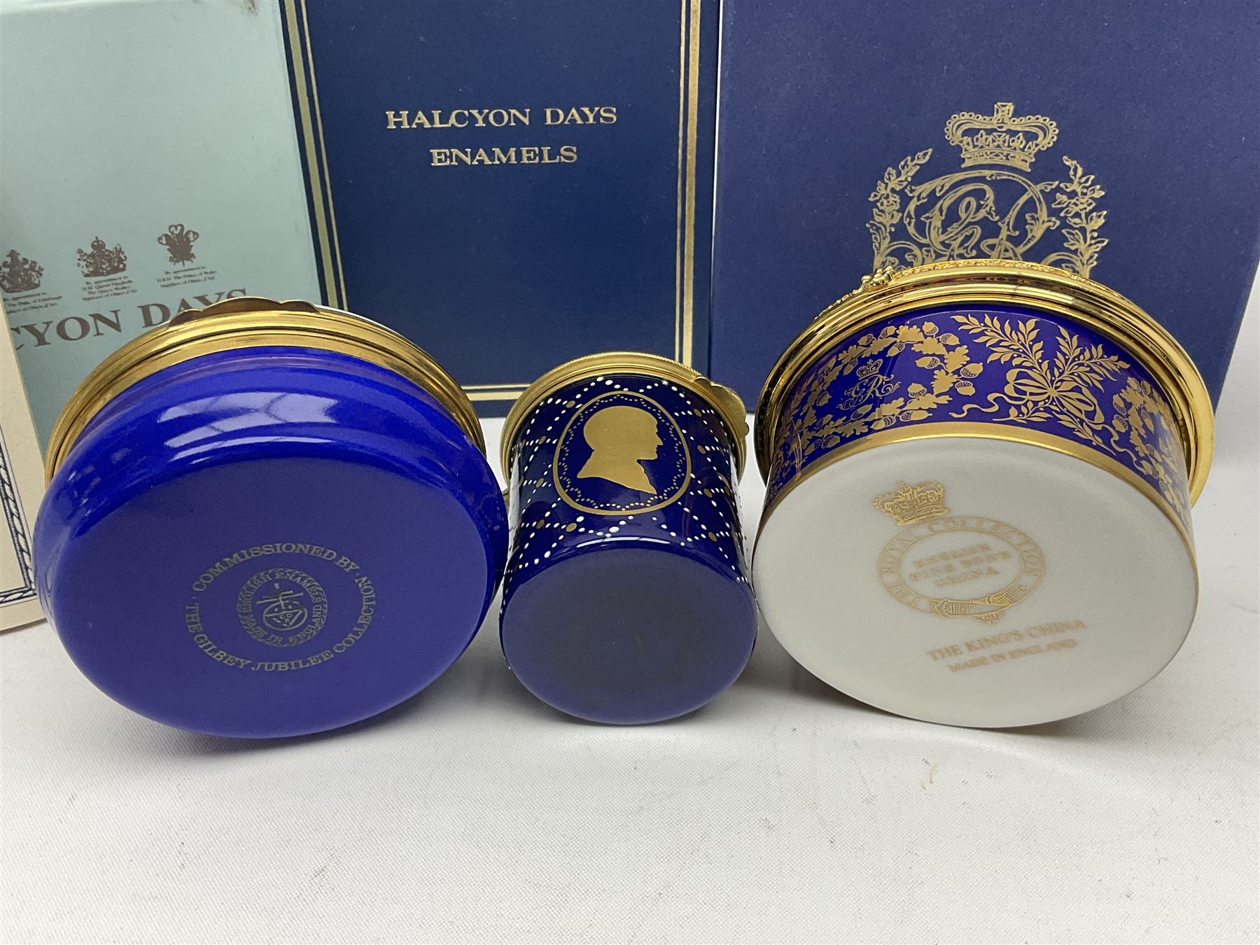 Five Halcyon Days Royal commemorative enamel boxes and one other