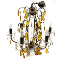 A Murano style chandelier, with six curved branches with frilled clear glass drip pans hung with clear droppers, the whole further decorated with beading detail and hung with amber droppers, approximately H82cm.