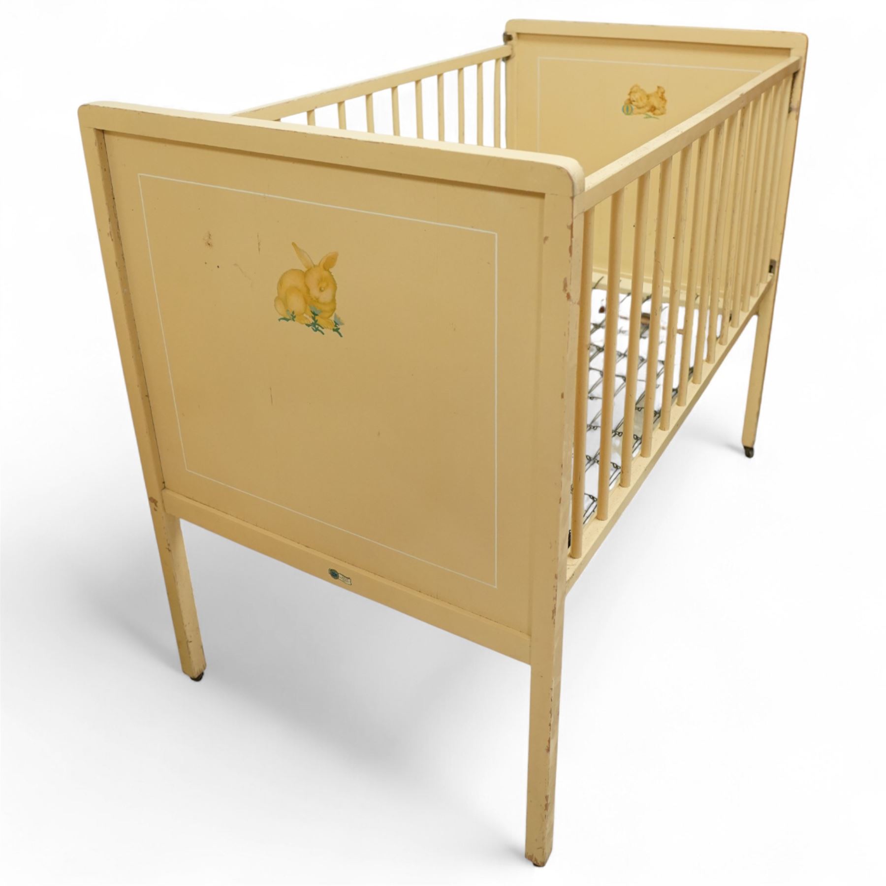 *Mid 20th century nursery set, comprising a cream painted metal cot with adjustable base, a wicker baby basket on wheeled stand, and a folding nursery screen with printed fabric panels decorated with playful animal and teddy bear motifs

Cot (H 112cm, W 136cm, D 77cm)
Screen (H 139cm, W 148cm) 
Basket (H 72cm, W 59cm, D 40cm)From the Kirkham Hall Attic & Cellar Collection, sold without reserve