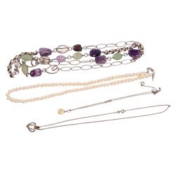 Silver and silver stone set jewellery, including cultured pearl necklace, rings, pendants, etc