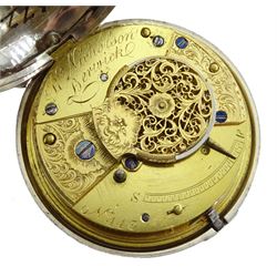 George IV silver pair cased verge fusee pocket watch by Richard Nicholson, Berwick-upon-Tweed, No. 443, round pillars, pierced and engraved balance cock decorated with a mask, white enamel dial with Roman numerals, case makers mark I H, Birmingham 1824, with a fabric watchpaper embroidered with 'Love without Descit'