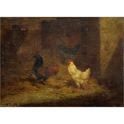 Paul Henry Schouten (Belgian 1860-1922): Chickens in a Barn, oil on canvas laid on panel signed 25cm x 34cm