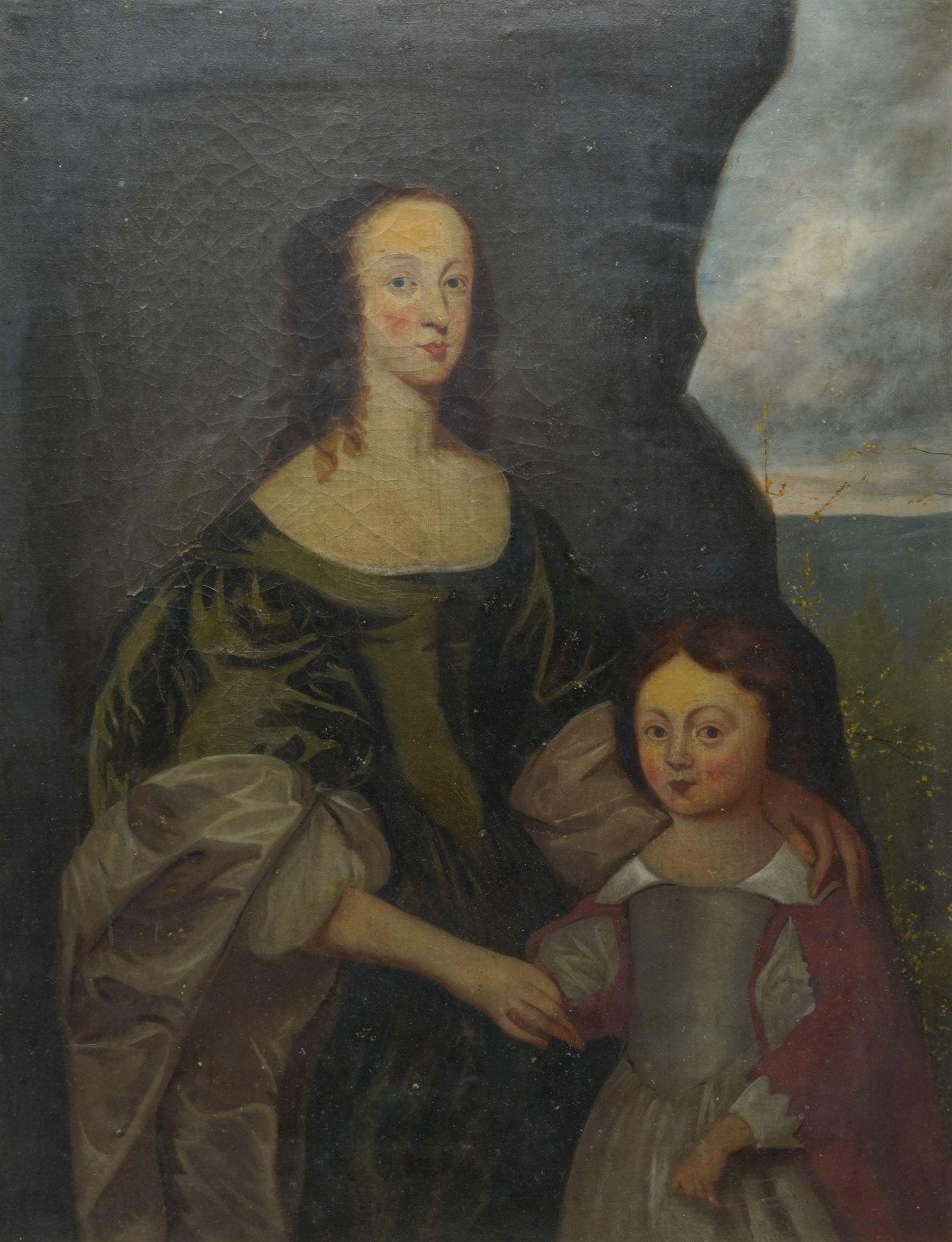 English Provincial School (Late 17th century): Portrait of a Lady and Child in a Landscape Setting, oil on canvas unsigned 64cm x 49cm
Provenance: reputedly acquired from the Wiganthorpe Hall estate sale during the 1950s