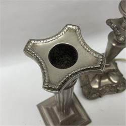 Pair of Corinthian column candlesticks, and a silver plated lamp, candlesticks H26cm