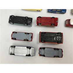 Corgi - thirty unboxed and playworn/repainted die-cast cars including Triumph Herald Coupe, BMC Mini-Cooper 'S', Porsche Carrera, two 'E' Type Jaguars, Rover 2000TC, three Morris Minors, two Aston Martin DB4, two Volvo P1800, MGA, Fiat 2100, Jaguar 2.4 Litre, Jaguar Mark X Saloon etc (30)