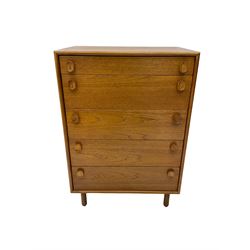 Meredew - mid-20th century teak chest of drawers, fitted with five drawers each with oval wood handles
