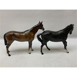 Six Beswick horse figures, comprising two Bois Roussel Racehorses, in bay and grey,  No. H701, bay mare no 976, black beauty no.H2466, bay comical-type foal 728 and bay foal 1816, all with printed mark beneath 
