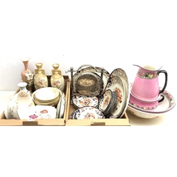  Early 20th century silver-plated table gong H35cm, Grosvenor China part tea set, pair Royal Bonn twin handled vases, Edwardian pink ground three piece wash set, Myott & Sons Indiana pattern part dinner service and other similar ceramics in two boxes  