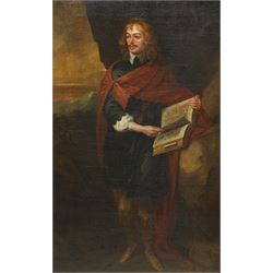 Follower of Anthony van Dyck (Flemish 1599–1641) or Cornelis Janssens van Ceulen (Jonson) (Dutch 1593-1661): 'Portrait of Sir John Suckling as Hamlet' Holding a Shakespeare Folio, 17th/18th century oil on canvas extensively inscribed verso 55cm x 34cm
Notes: This painting represents the cavalier poet and dramatist Sir John Suckling (1608–1641) depicted in the theatrical guise of Hamlet, with a folio volume labeled 'Shakespeare' cradled in his arm. The costume echoes Royalist fashion, directly opposing the Puritan sensibilities of his day. The work may be a copy of a lost original by Anthony van Dyck, or by Cornelius Johnson (Sanders), a noted portraitist of the Stuart court. Annotations on the reverse suggest the portrait passed through the family of Lady Southcote, Suckling’s sister, and her husband Sir Thomas Lee.
Transcription verso (with illegible aspects removed) reads: .. the work of Cornelius Sanders. Sir John is depicted here... leaving his life as a player. With a folio book in hand, a paper between the leaves bears the title “Shakespeare.” He has achieved hair — and wears it in the flowing style so offensive to the roundheads of his day. He is dressed in close vestments, with a blue mantle fastened over the right shoulder by a gold button, and he wears calf boots of tanned leather — in the murkin fashion. The scene is nicely coloured and not overpoweringly dark as was too common in that day.
This fashion may possibly be over... Noted in his life among eminent men. In the house of Lady Southcote, wife of Suckling, the local tradition holds it to be what it was thought — a portrait in the character of Hamlet. A memento? The marriage of the Davies? Or his sister... with Sir Thomas Lee?
Sir John Suckling was born 1608 and died 1641. A delightful writer of what was once called “occidental verse.” He is rarely coarse, and his well-known “Ballad Upon a Wedding” has long been admired for its graphic description and bold expression. This lively effort in affectation was occasioned by the marriage of Lord Brockhill with the daughter of the Earl of Suffolk — perhaps alluded to in this portrayal.