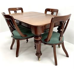 Victorian mahogany extending dining table, turned tapering supports on castors (W141cm, H76cm, D91cm) and set four upholstered dining chairs, shaped splat back, turned supports and castors (49cm)