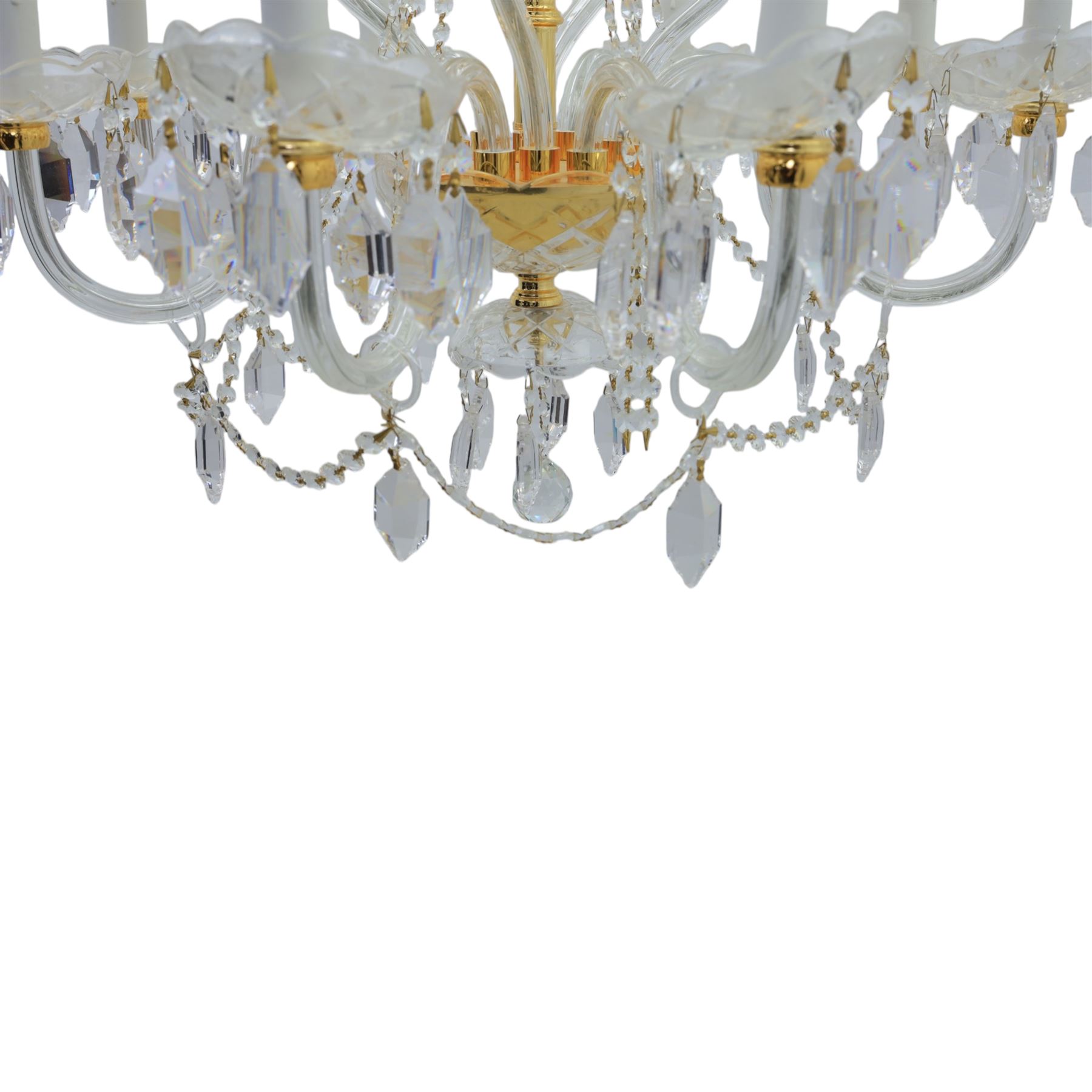 Late 20th century gilt brass and glass twelve branch chandelier, with glass swags and drops
