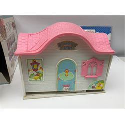 1980s Epoch Sylvanian Families - Country Kitchen Utensil Set and Playpen with Mobile; both boxed; together with assorted loose furniture, playground equipment, grocery shop stock etc; Penny's Pony Club Set in folding stable box; and boxed Bouncin' Babies Nursey Playset