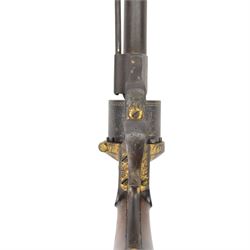 French six shot percussion and pinfire revolver, round barrel 2cm, numbered 1 F 75344 beneath and Brevete Paris on the other side, cylinder and frame overlaid with gold vine leaves, tendrils and lines; with ejector rod on the right, plain wooden grip, and lanyard ring
Sold as an exempt item under Section 58 (2) of the 1968 Firearms Act, to be held as a curiosity or ornament